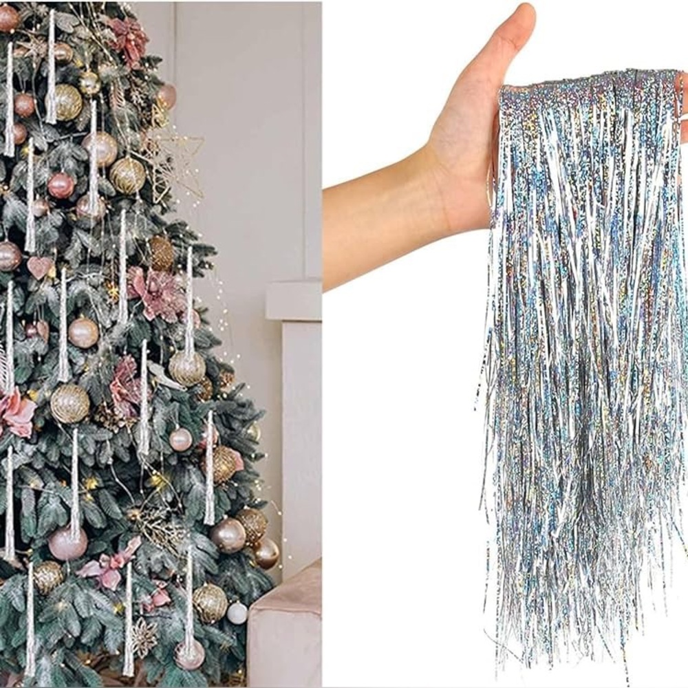5 PACKS 18” Metallic Silver Tinsel Icicles Garland Long Length